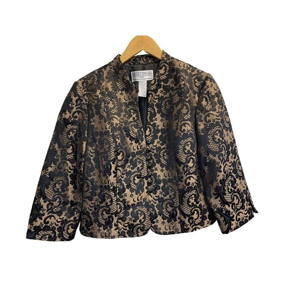 Jessica Howard Petite Black Gold Damask Blazer Jacket 3/4 Sleeves Womens Size 10 - Picture 1 of 9